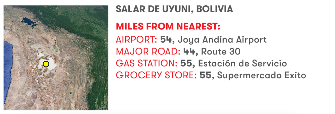 Salar de Uyuni, Bolivia. Miles from nearest: Airport: 54, Joya Andina Airport. Major road: 44, Route 30. Gas station: 55, Estacion de Servicio. Grocery Store: 55: Supermercado Exito