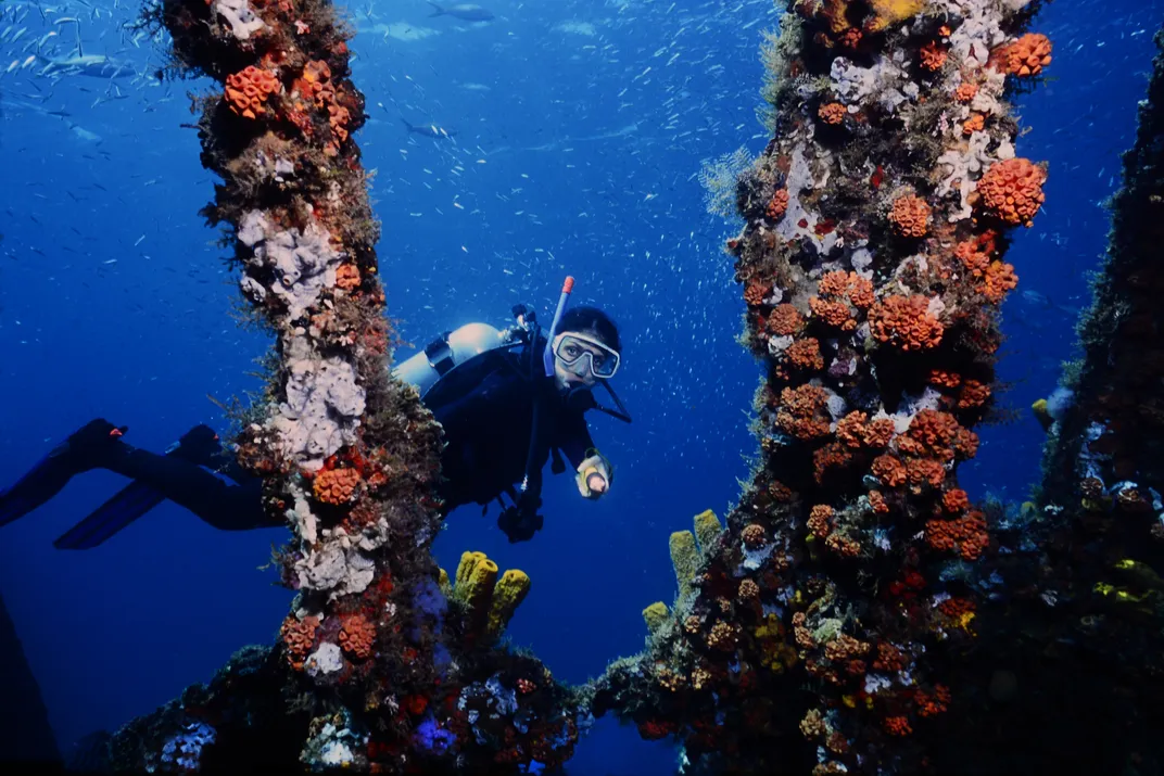 diver exploring Antilla shipwreck in Aruba