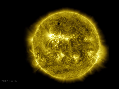 Venus transited the face of the sun on June 5-6, 2012, captured here in a still of a timelapse from NASA's Space Dynamics Observatory. 