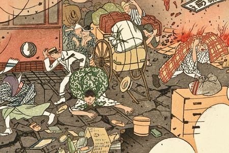A circa 1925 woodcut by Unpo Takashima depicts Tokyo's Ueno district ablaze. "Each new gust of wind," reported Joseph Dahlmann, a Jesuit priest who witnessed the calamity from a hilltop, "gave new impulse to the fury of the conflagration."