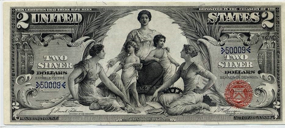Obverse of 1896 $2 silver certificate: Science Presenting Steam and Electricity to Commerce and Manufacture, Design by Edwin H. Blashfield, with Thomas Morris, engraved by George Smillie and Charles Schlecht, black ink on paper