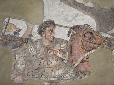 The mosaic depicts Alexander the Great fighting in the Battle of Issus.