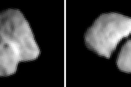 Comet 67P etc., as seen from a distance of 3,400 miles on July 20. Note the brighter pixels around the middle.