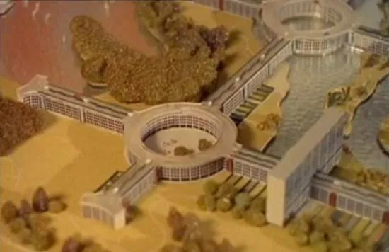 Close-up of the scale model Motopia city of the future
