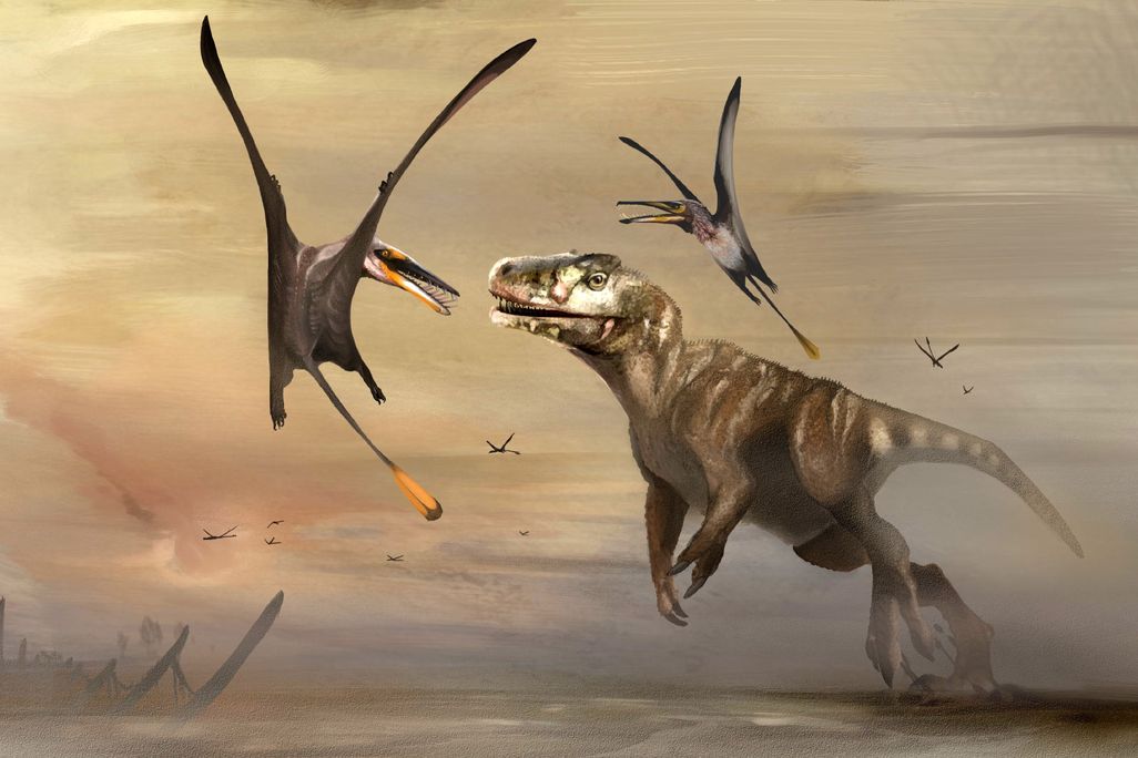 An artist’s impression of the Mesozoic Period with two flying reptiles and dinosaurs on the ground