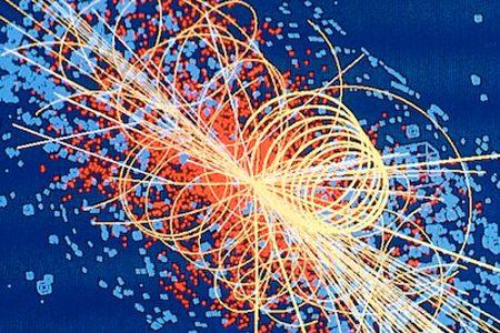 A graphic data readout of the a collision of two protons, briefly producing a Higgs Boson, from the Large Hadron Collider.