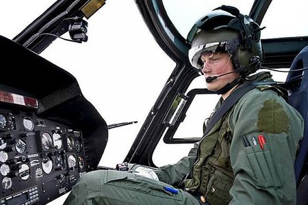 Britain’s Prince Harry checks out the controls from the right seat of a Eurocopter AS350 (Squirrel) helicopter.