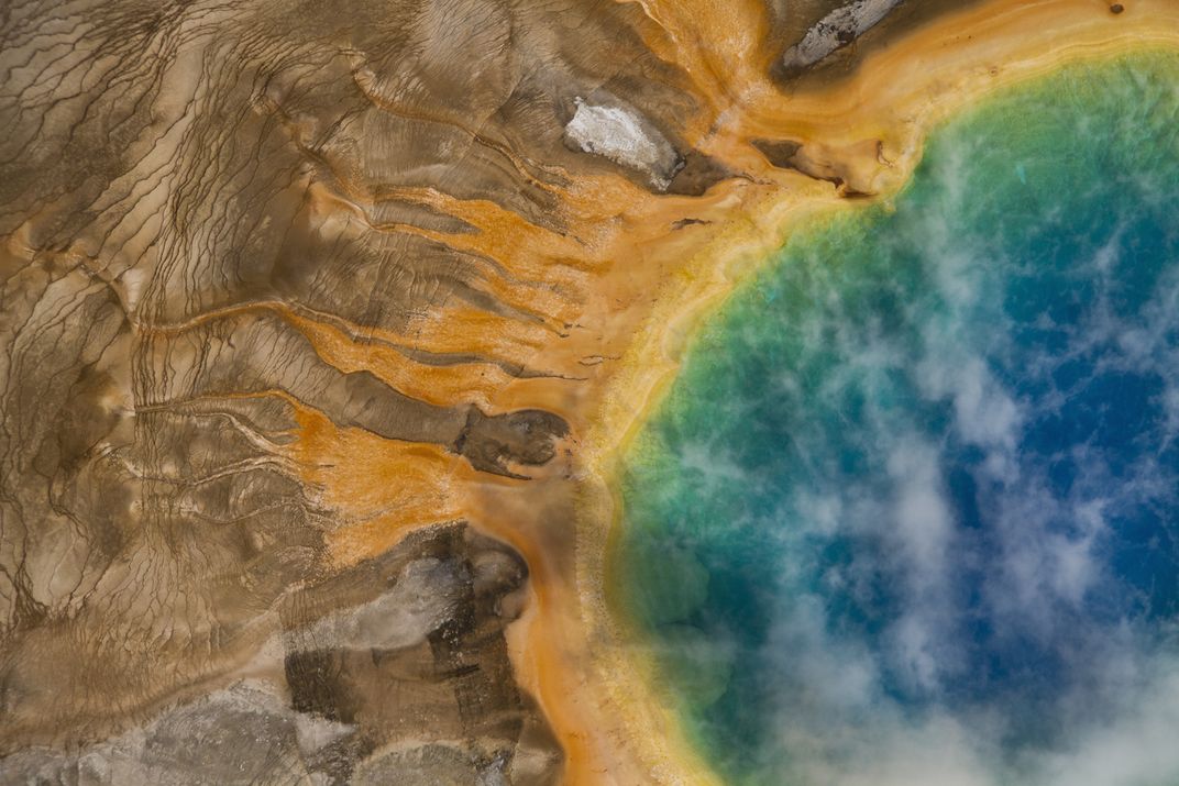 Aerial view of Grand Prismatic Springs Midway Geyser Basin, Yellowstone ...