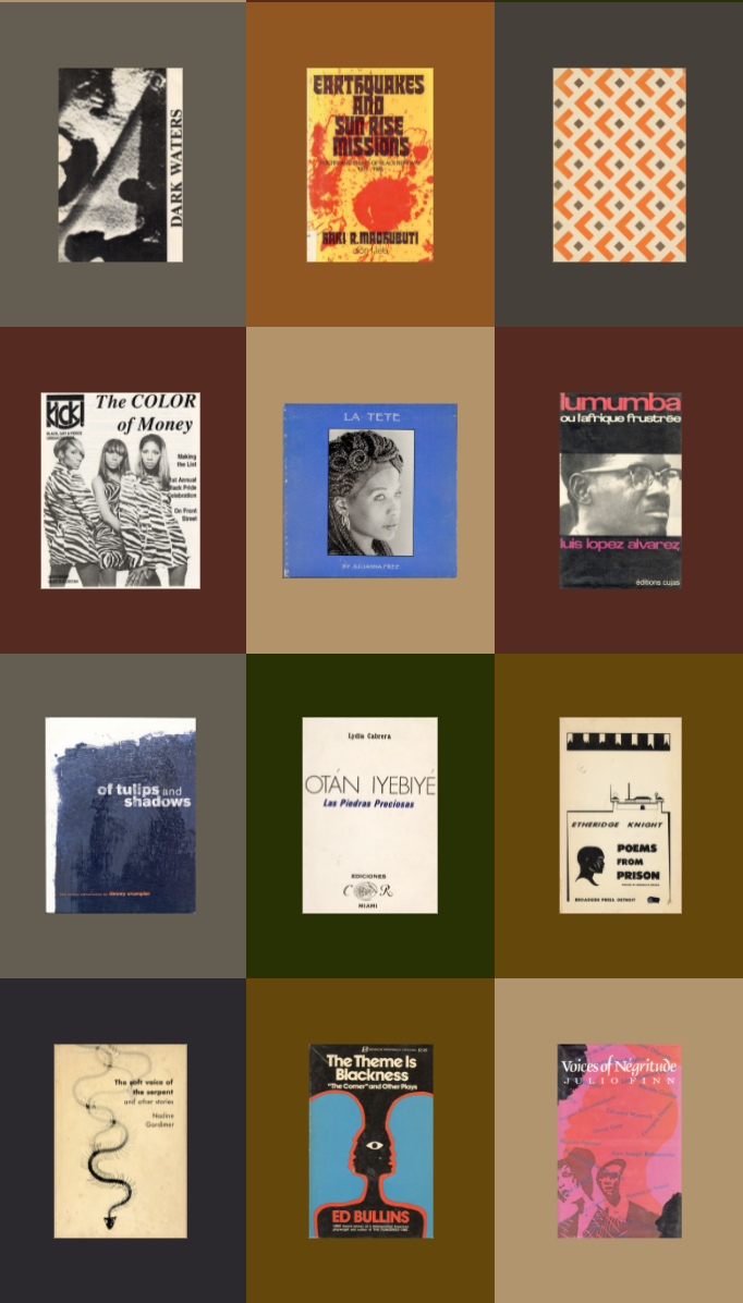 A selection of book covers arranged in a grid and outlined in a pattern of deep green, ochre, beige and brown