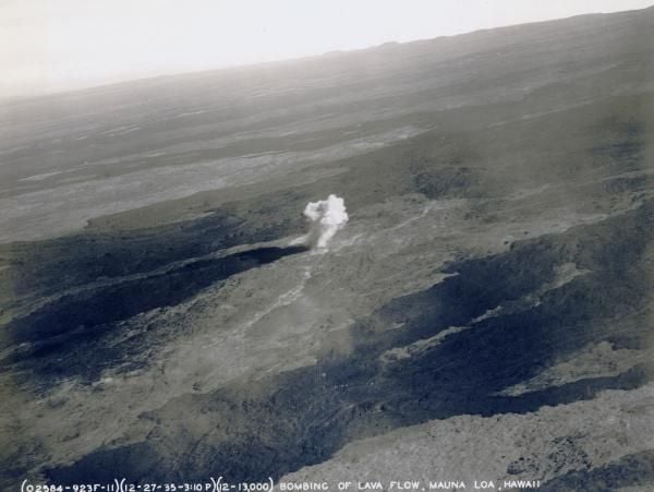 1935 bomb detonating on Mauna Loa in an attempt to divert lava flow