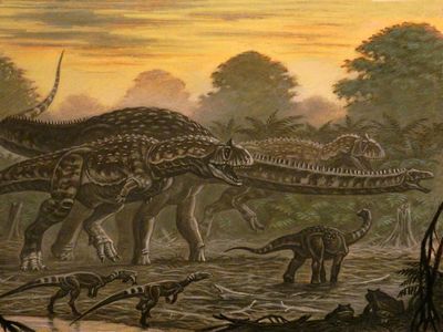 Two Majungasaurus hunting down a Rapetosaurus.