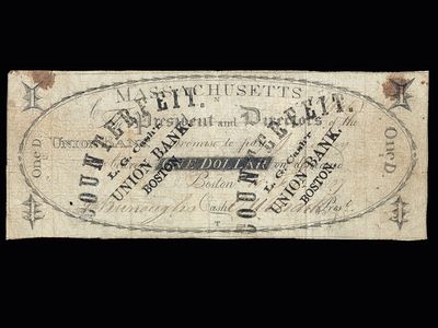 The National Museum of American History in its new exhibition "American Enterprise," displays a prime example of Stephen Burrough's art—a $1 certificate on the Union Bank of Boston, dated 1807, signed by Burroughs as cashier, and later stamped COUNTERFEIT.  
