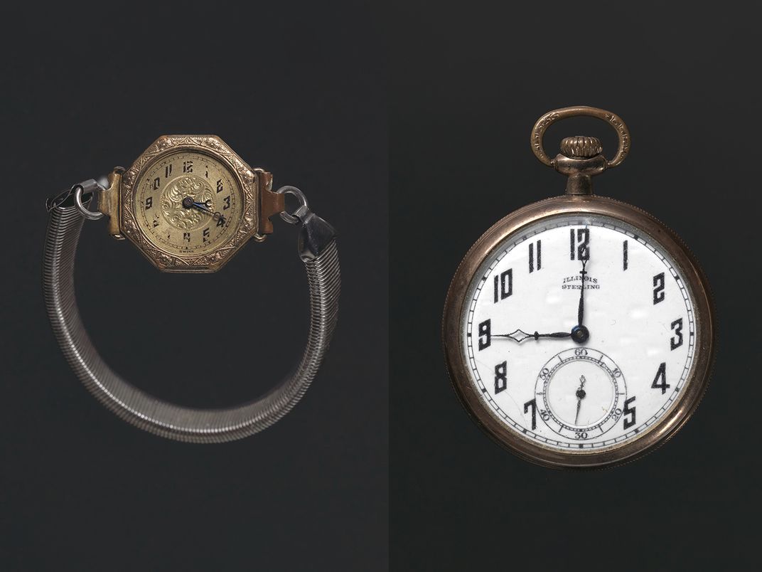 Wrist watch owned by Harriette (left) and pocket watch owned by Harry (right)