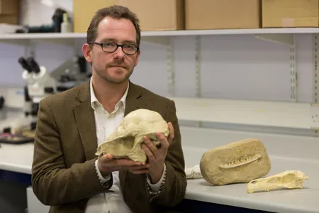 Co-author in the new study, Nick Longrich from the Milner Centre for Evolution at Bath University, poses with some mammal specimens.