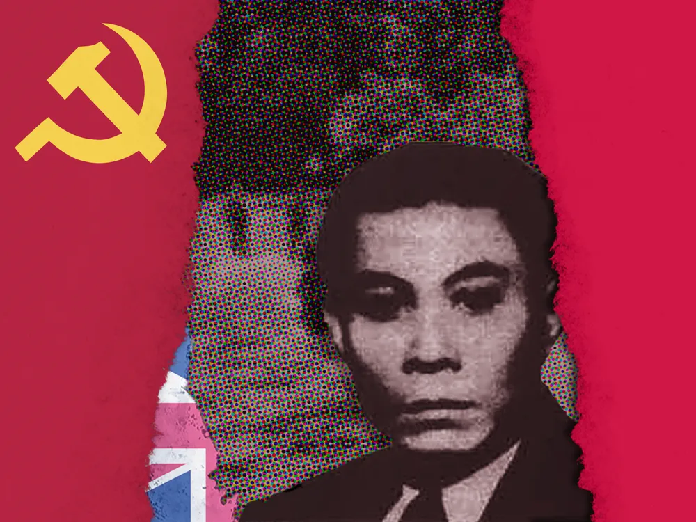 Illustration of Lai Tek in front of the Malayan Communist Party flag