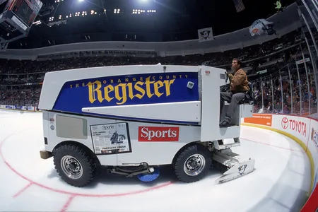 A view of a Zamboni machine at work during a game between the Vancouver Canucks and the Anaheim Mighty Ducks at the Arrowhead Pond in Anaheim, California.