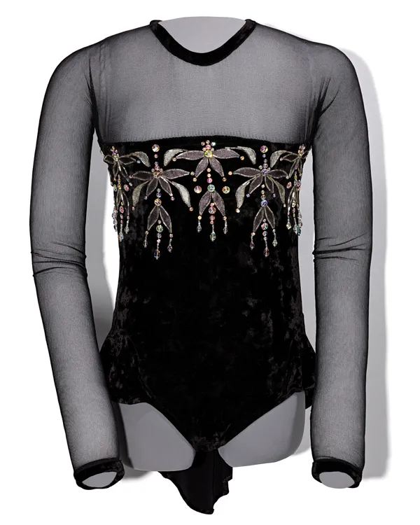 Black velvet leotard with crystal bead detailing at neck