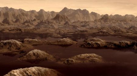 Artist’s rendition of a ethane lake on Titan.