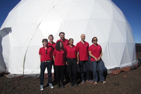Kate Greene (far left) and crewmates outside their HI-SEAS habitat in Hawaii in August 2013.