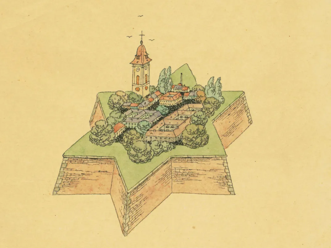 A 1943 drawing by Dutch Jewish Terezin inmate Joseph Spier depicts the fortress walls in the shape of a Star of David.