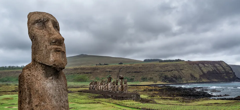  Moai overlooking Ahu Tongariki, the largest ahu site on Easter Island 