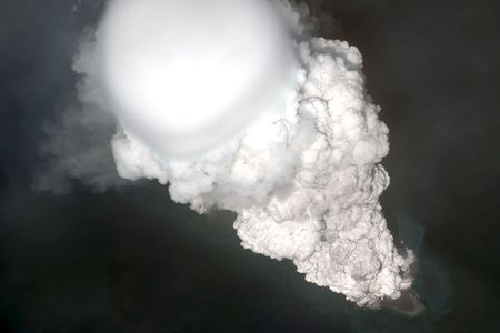 This satellite image shows Bogoslof volcano erupting on May 28, 2017. The eruption began about 18 minutes prior to this image and the cloud rose to an altitude greater than 12 kilometers (40,000 feet) above sea level.