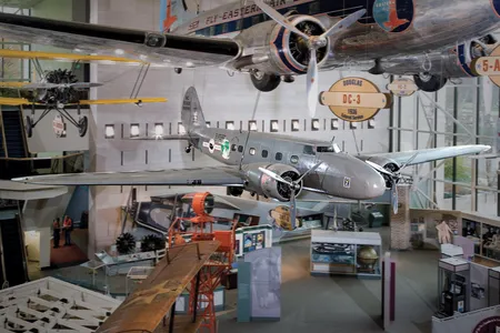 Known as “the first modern airliner,” the Boeing 247 entered service with United Air Lines in 1933. The improved 247-D (the model in the Museum) could fly 200 mph, twice as fast as a Ford Tri-Motor.