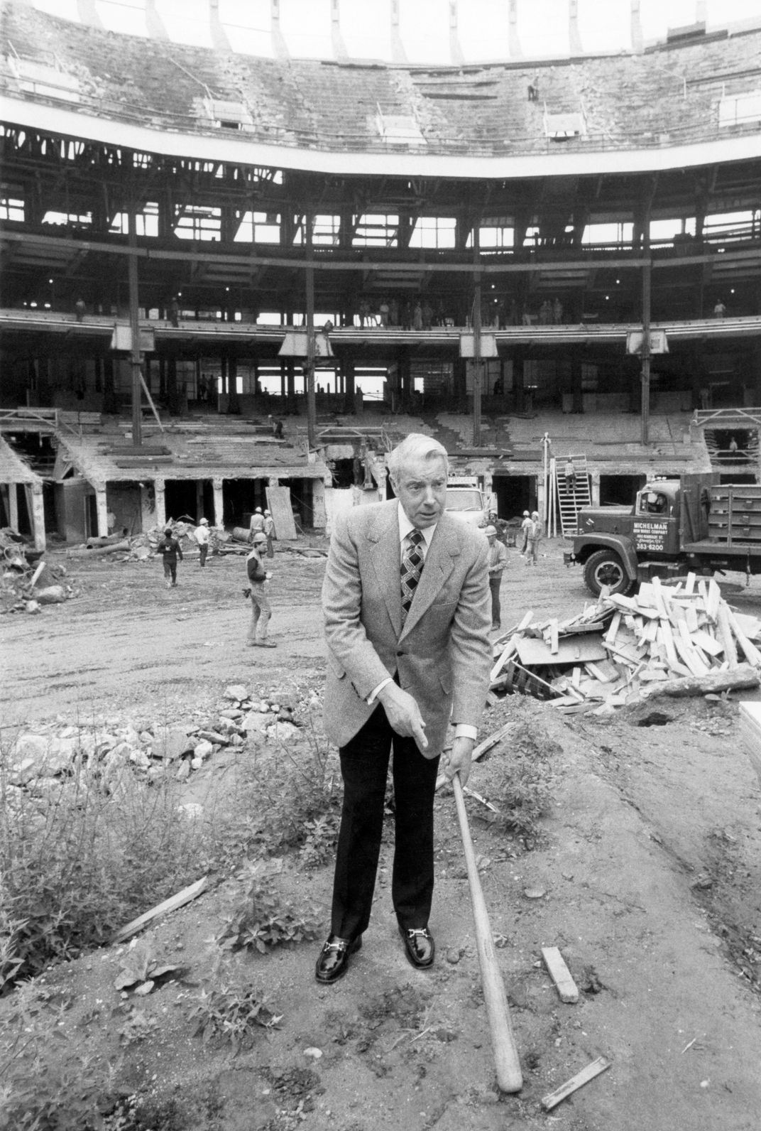 Joe DiMaggio at home plate, Yankee Stadium renovation, July 2, 1974