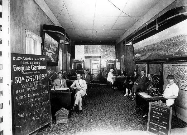 A 1926 photo of staff at a Miami real estate office