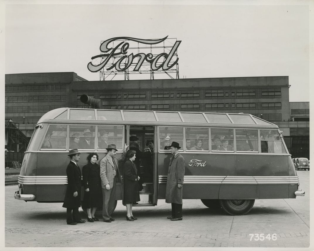 A visitors' bus at River Rouge in April 1940
