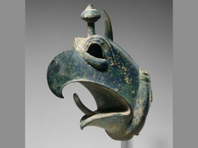 Items like this bronze griffin head were often used to adorn ceremonial cauldrons in ancient Greek sanctuaries.