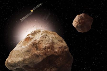 Can humanity play billiards across seven million miles of space? NASA is dispatching the DART spacecraft to smack a moonlet (foreground), shoving it into a new orbit around its asteroid.