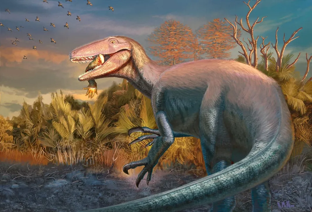 an illustration of a dinosaur with the leg of another animal in its mouth
