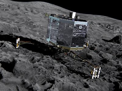 Artist's view of the Philae lander anchored to comet 67P/Churyumov-Gerasimenko.