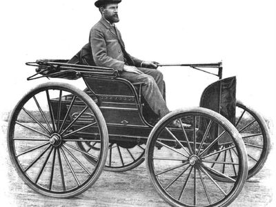 J. Frank Duryea and his American-made &quot;motocycle&quot; won first place in the Chicago Times-Herald race on November 28, 1895.