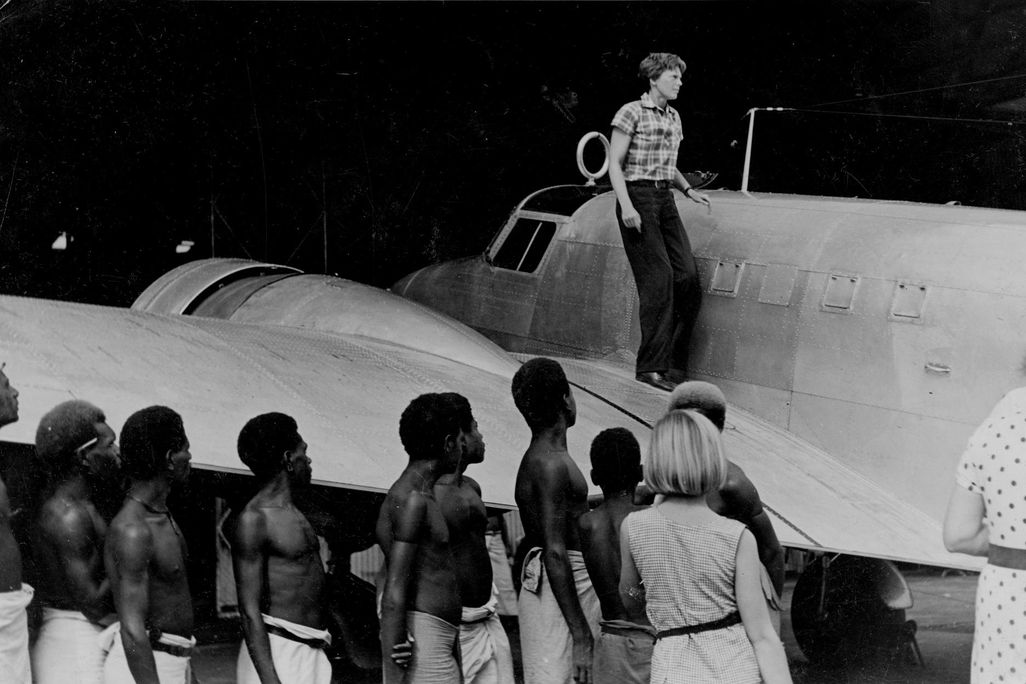 Amelia Earhart on the wing of her plane
