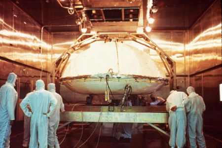 A Viking lander of the 1970s being prepared for sterilization in an oven. 