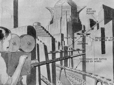 Illustration in Science and Invention magazine, explaining the special effects for Metropolis (1927)