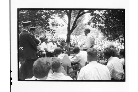 One series of photographs in particular is exciting for the unique perspective. It was taken from an angle no one had seen before. “In his camera lens you can see the back of Clarence Darrow, and you can see the face of William Jennings Bryan,” historian Marcel Chotkowski LaFollette says. 