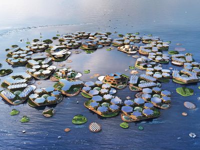 FUTURES, opening in the Smithsonian’s Arts and Industries Building, will display a concept for living in the future—Oceanix City, potential population, 10,000, designed by architecture firm BIG. The city is a floating archipelago, designed to withstand a Category 5 hurricane.