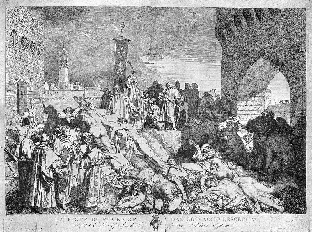 An engraving of the Black Death in Florence in 1348
