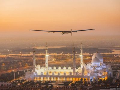 Solar Impulse on its first test flight over the Sheikh Zayed Grand Mosque in Abu Dhabi 