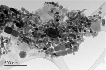 A variety of dark gray to black magnetofossils shaped like ovals, cubes and needles cluster around each other.