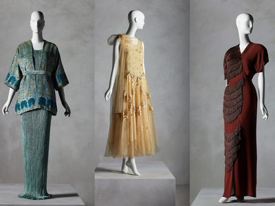L to R: Jacket, Mariano Fortuny y Madrazo (Spanish, 1871–1949), 1920s–30s; Evening Dress, Madeleine Vionnet (French, 1876–1975), spring 1931; Evening Dress, Gilbert Adrian (American, 1903–1959), fall 1945