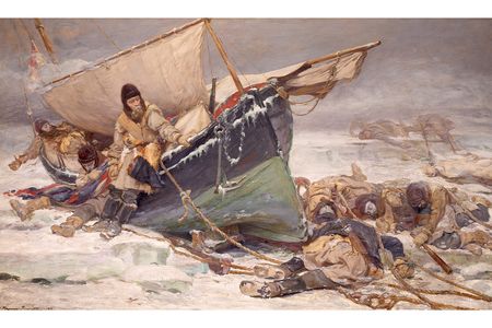 One of the best-known paintings of the doomed Franklin expedition. Full title: "They forged the last link with their lives: HMS ‘Erebus’ and ‘Terror’, 1849–1850."