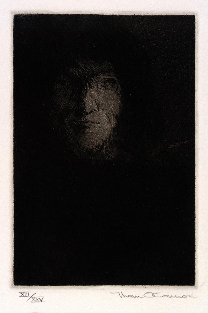 An etching of a face with the rest of the body in shadow.