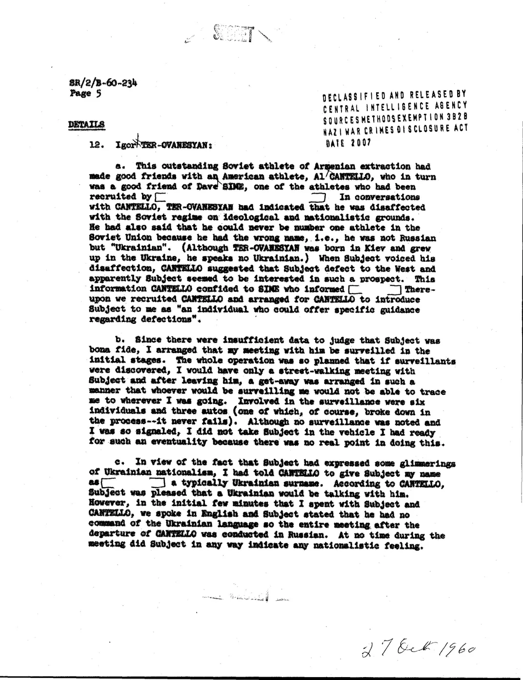 A declassified document about Cantello's role in setting up a meeting between the CIA and Ter-Ovanesyan