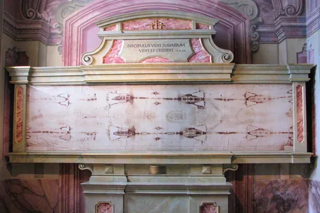 The original Shroud of Turin&nbsp;is housed at the Cathedral of St. John the Baptist in Turin, Italy, but replicas like the one shown here have been created for exhibitions and public displays.