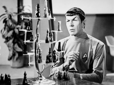 Leonard Nimoy in his role as Mr. Spock, the logical, pointed-eared First Officer from the planet Vulcan of the starship Enterprise, on the TV series "Star Trek."