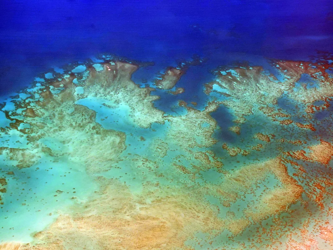 Aerial photo of widespread reef bleaching in September 2017 near Queensland, Australia, showing blue water with white reef